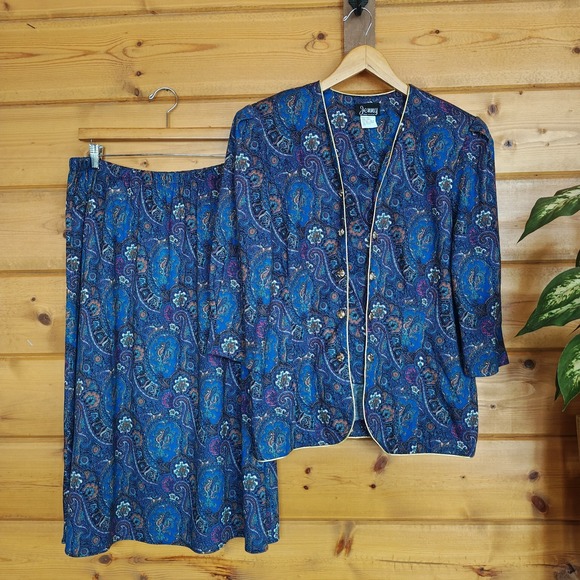 Jenny & Me Pants - Vintage Retro Jenny USA Stretch Midi Skirt Set Paisley Damask Blouse Plus Sz 18W